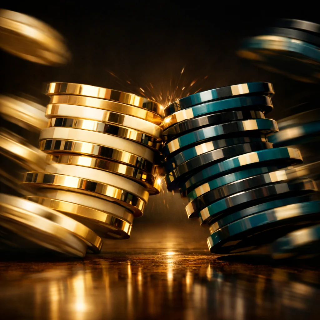Close-up van gestapelde gouden casinofiches op zwarte achtergrond